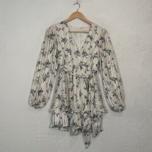 Allison & Kelly White Floral Metallic Stripe Ruffle Romper Size S